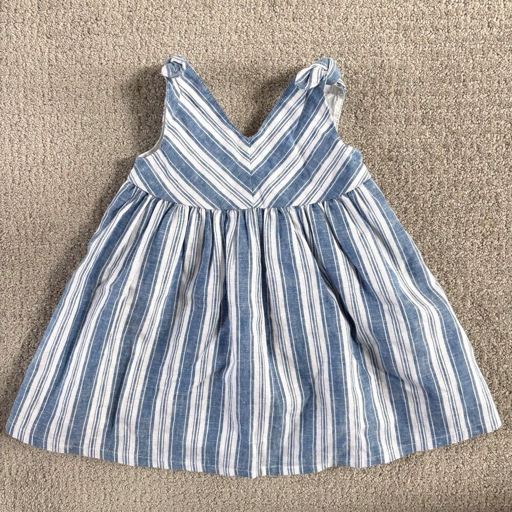 Hope & Henry Bow Shoulder Lined Swing Dress Linen Cotton Blend Stripe SZ 3-6 mo